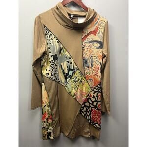 Mislook Dress‎ Womens medium Turtleneck Tan Brown Long Sleeve Patchwork